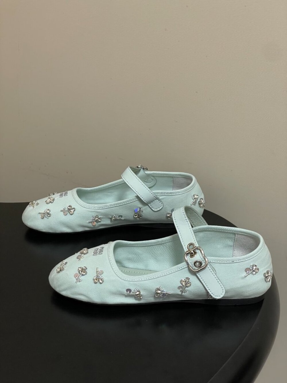 Miu Miu Light Blue Rhinestone-Embellished Mary Jane Ballet Flats - Picture 2 of 9